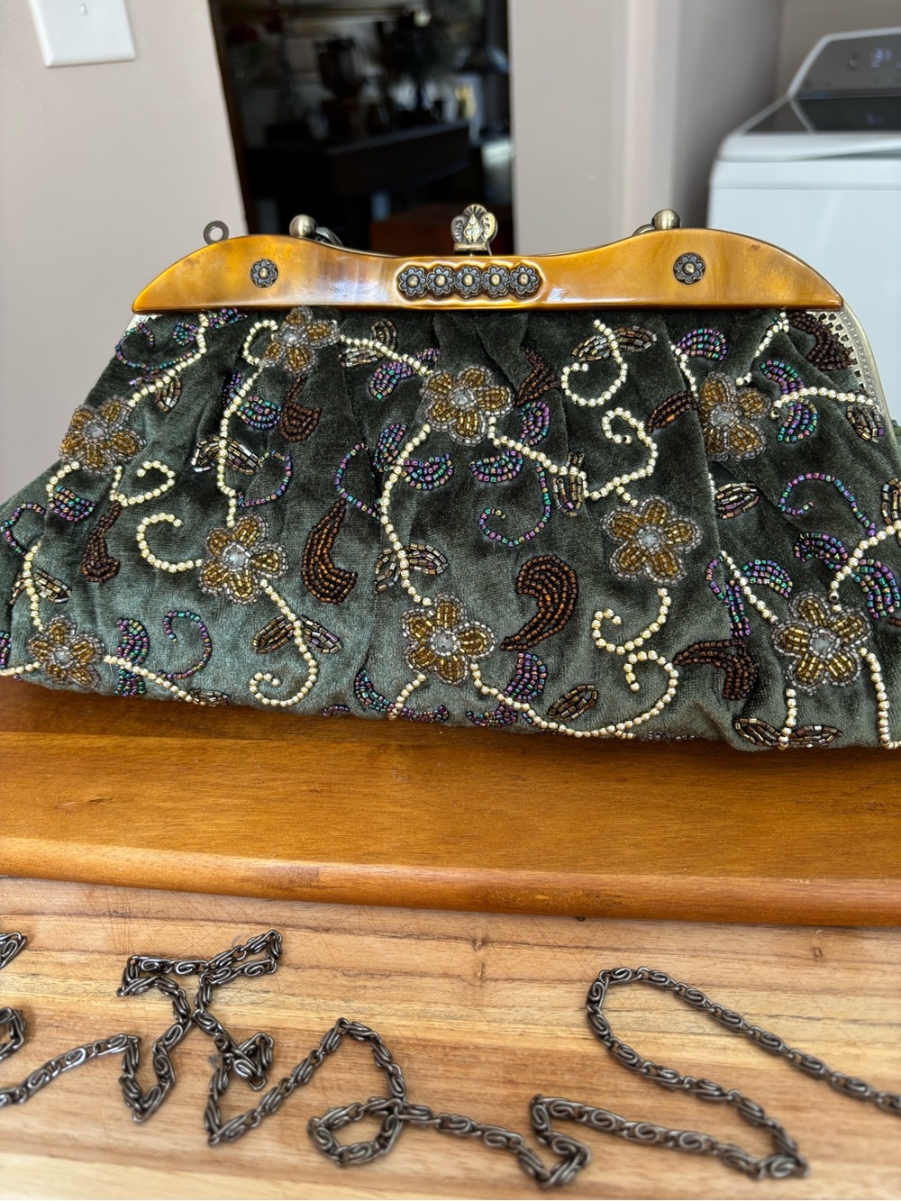 Embroidered Olive Green Velvet Evening Clutch